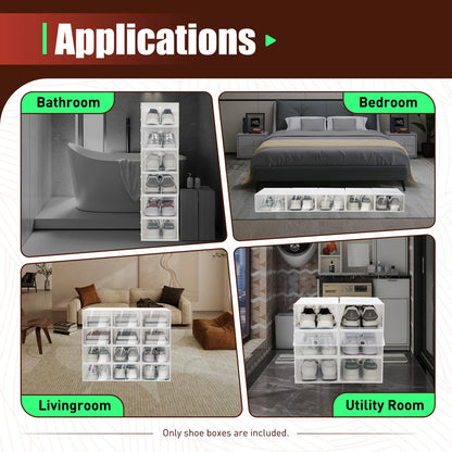 Showing different applications for the Foldable Shoe Box Storage Organizer