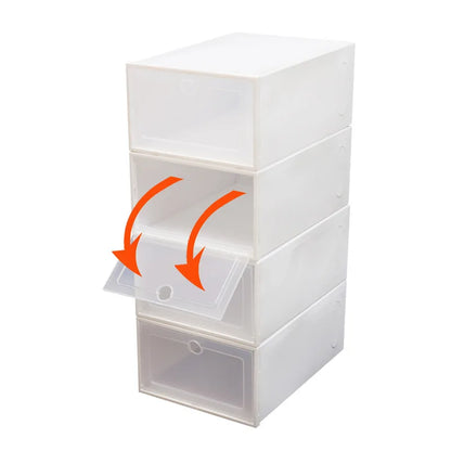 Showing the fold-down door of the Foldable Shoe Box Storage Organizer