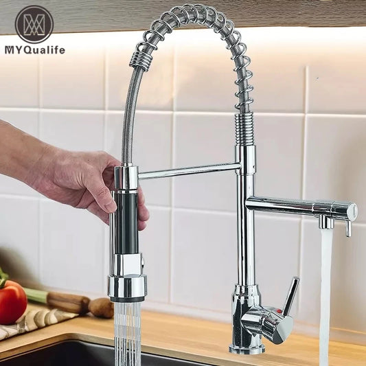 Dual Spout Chrome Pull down Kitchen Sink Faucet
