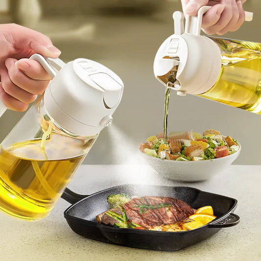 2-in-1 oil sprayer and jar spraying and pouring olive oil on steak and salad