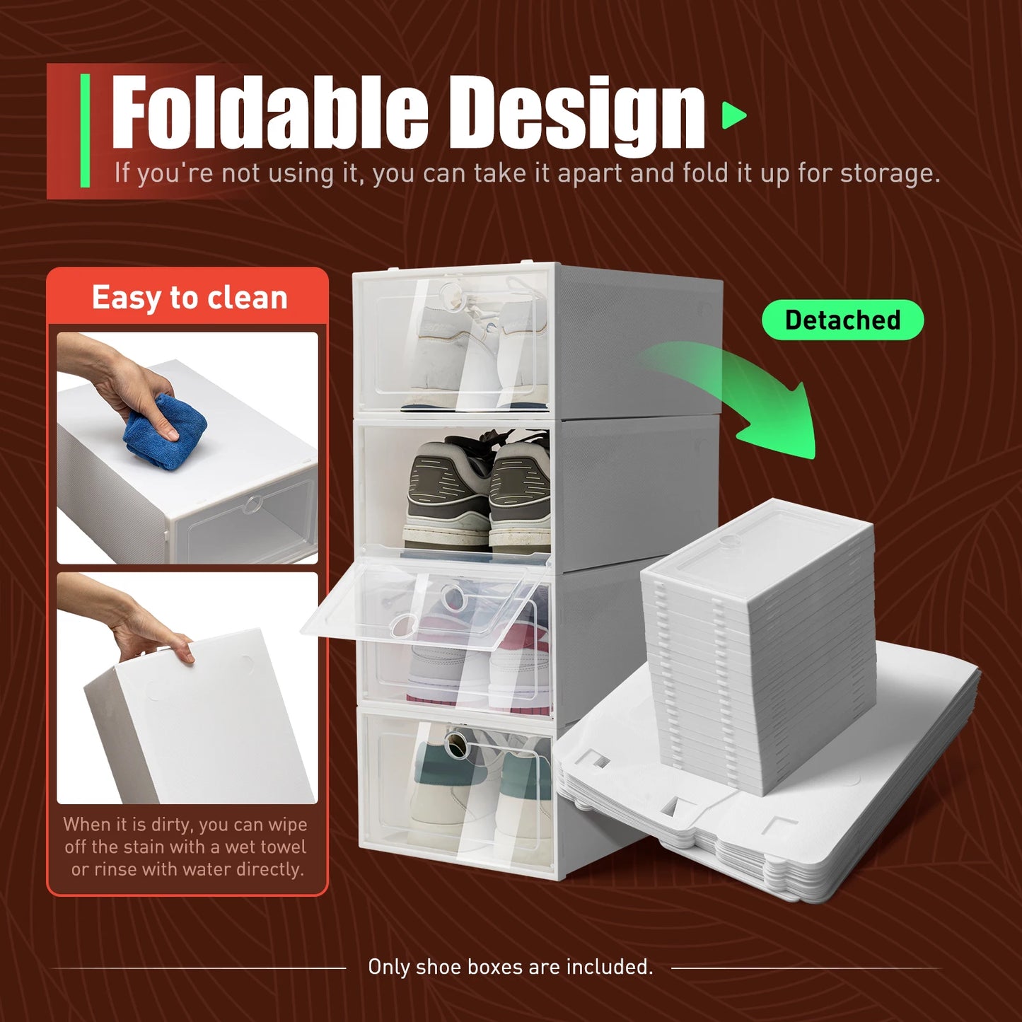 Foldable Shoe Box Storage Organizer shows its foldable design