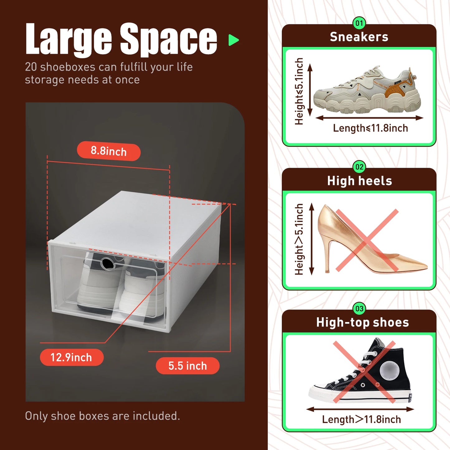 Foldable Shoe Box Storage Organizer features a large storage space