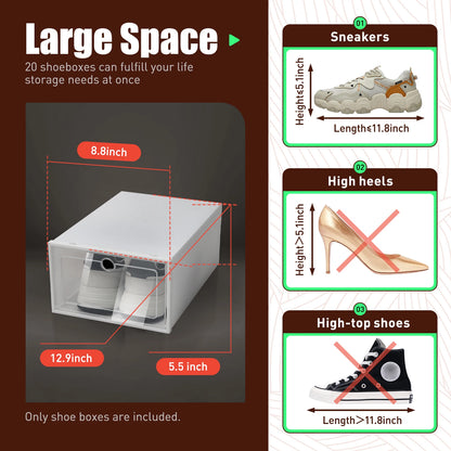 Foldable Shoe Box Storage Organizer features a large storage space